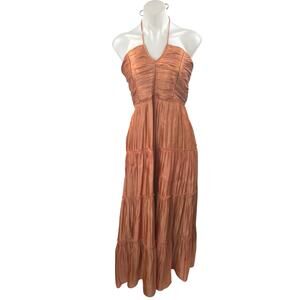 O.P.T East Rust Brown Silky Satin Sleeveless Halter Tiered Maxi A-Line Dress L